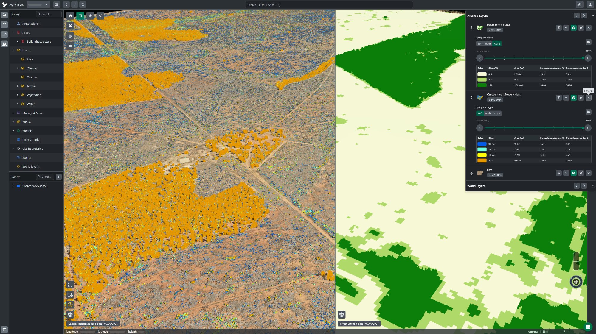 Canopy height and forest extent analysis, split view