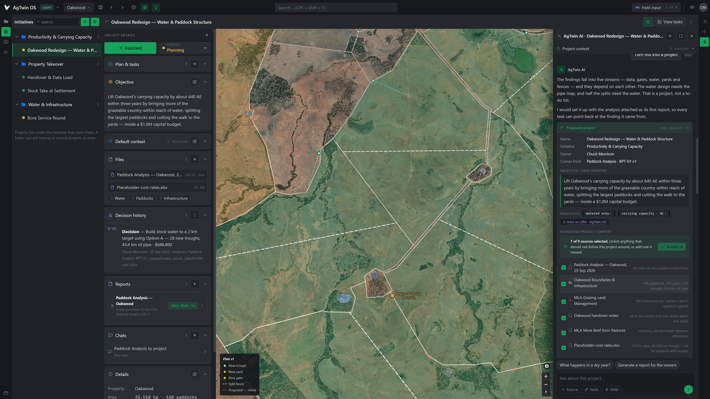 AgTwin.OS planning a water and paddock redesign, with the map and the AI assistant's plan side by side
